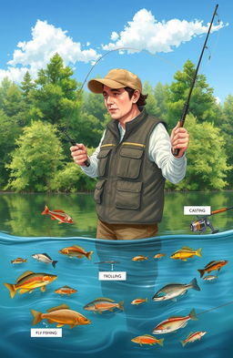 An detailed illustration of various fishing techniques with a rod