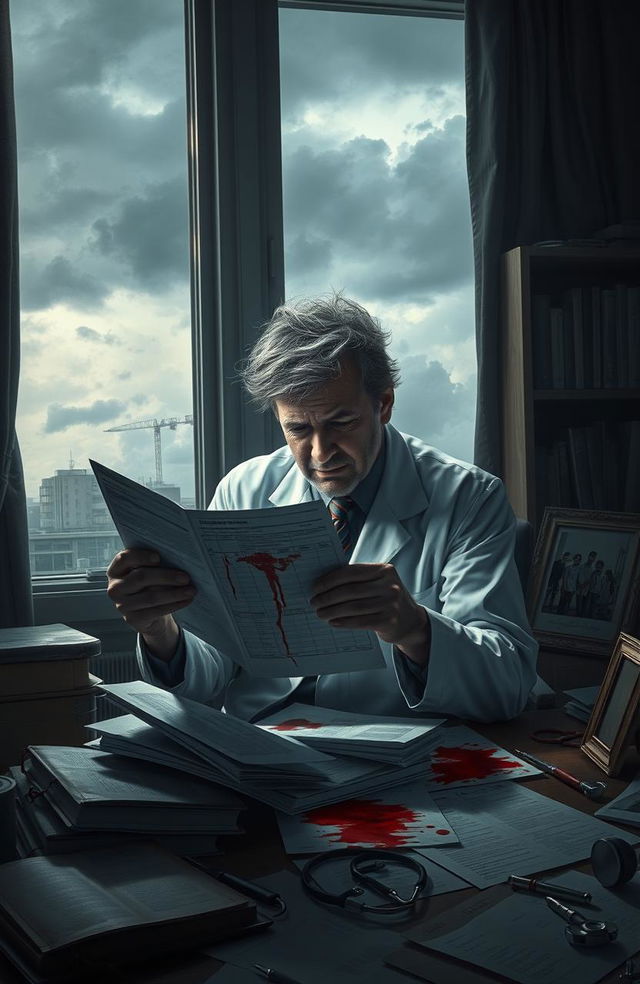 A mysterious scene depicting a distressed doctor in a dimly lit office, surrounded by scattered medical books and charts, looking hopelessly at a bloodied patient's chart