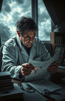 A mysterious scene depicting a distressed doctor in a dimly lit office, surrounded by scattered medical books and charts, looking hopelessly at a bloodied patient's chart