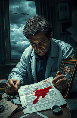 A mysterious scene depicting a distressed doctor in a dimly lit office, surrounded by scattered medical books and charts, looking hopelessly at a bloodied patient's chart