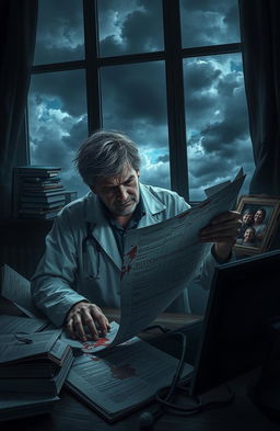 A mysterious scene depicting a distressed doctor in a dimly lit office, surrounded by scattered medical books and charts, looking hopelessly at a bloodied patient's chart