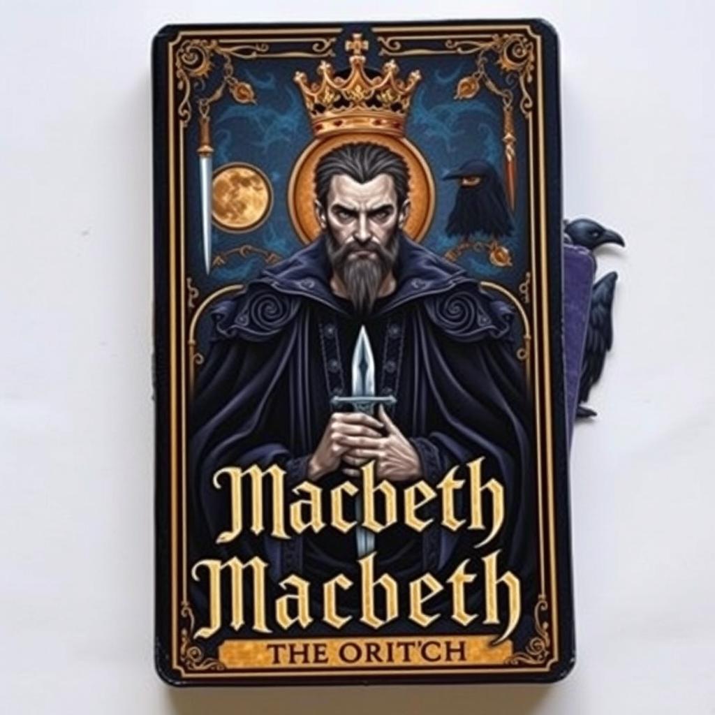 A book cover designed as a tarot card layout, featuring Macbeth prominently in the center