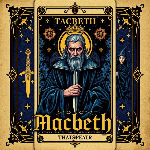 A book cover designed as a tarot card layout, featuring Macbeth prominently in the center