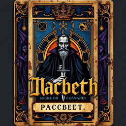 A book cover designed as a tarot card layout, featuring Macbeth prominently in the center