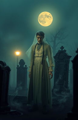 A hauntingly beautiful scene set in a foggy Victorian-era graveyard at twilight, featuring the ethereal ghost of a man from the late 1800s, dressed in elegant yet tattered 19th-century clothing