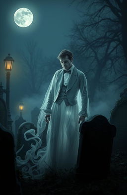 A hauntingly beautiful scene set in a foggy Victorian-era graveyard at twilight, featuring the ethereal ghost of a man from the late 1800s, dressed in elegant yet tattered 19th-century clothing