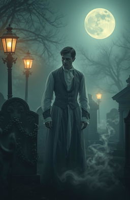 A hauntingly beautiful scene set in a foggy Victorian-era graveyard at twilight, featuring the ethereal ghost of a man from the late 1800s, dressed in elegant yet tattered 19th-century clothing