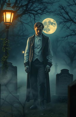 A hauntingly beautiful scene set in a foggy Victorian-era graveyard at twilight, featuring the ethereal ghost of a man from the late 1800s, dressed in elegant yet tattered 19th-century clothing