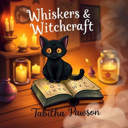 A whimsical book cover design for 'Whiskers & Witchcraft' by Tabitha Pawson, featuring a cute black cat with bright yellow eyes, sitting on an enchanted spellbook that is opened to a page with glowing runes