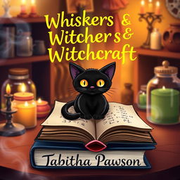 A whimsical book cover design for 'Whiskers & Witchcraft' by Tabitha Pawson, featuring a cute black cat with bright yellow eyes, sitting on an enchanted spellbook that is opened to a page with glowing runes