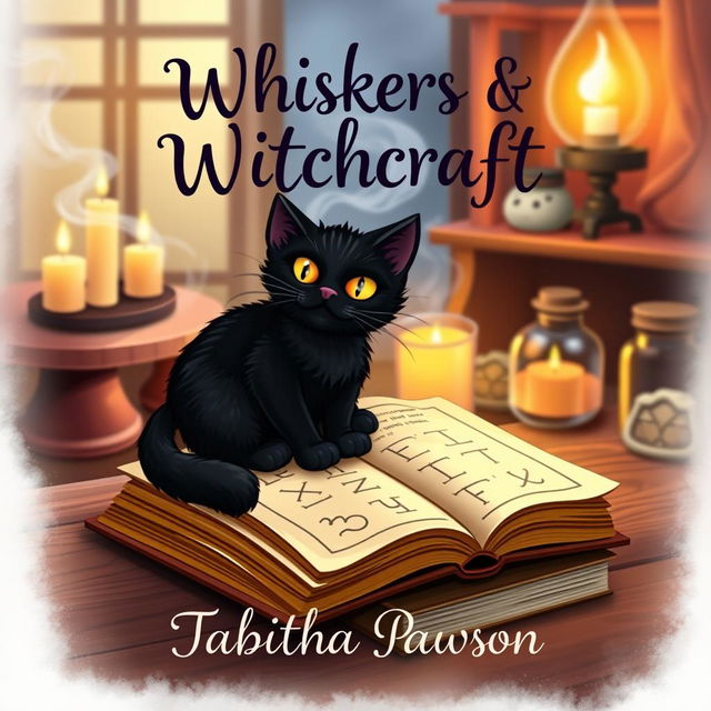 A whimsical book cover design for 'Whiskers & Witchcraft' by Tabitha Pawson, featuring a cute black cat with bright yellow eyes, sitting on an enchanted spellbook that is opened to a page with glowing runes