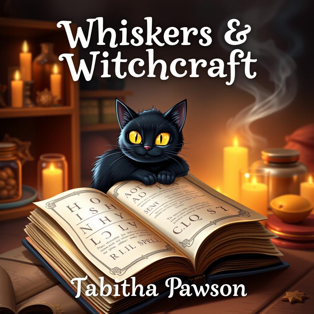 A whimsical book cover design for 'Whiskers & Witchcraft' by Tabitha Pawson, featuring a cute black cat with bright yellow eyes, sitting on an enchanted spellbook that is opened to a page with glowing runes