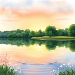 A serene lakeside scene, painted in soft watercolor style for a book cover