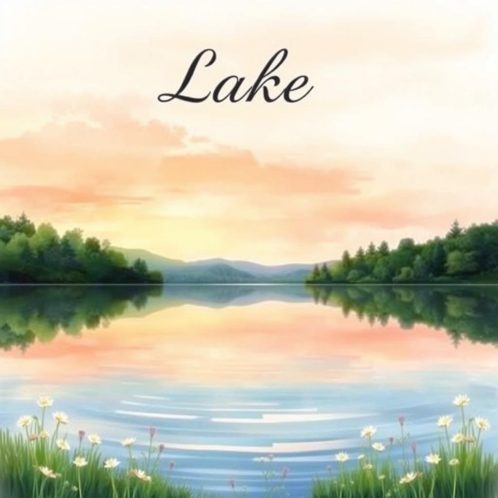 A serene lakeside scene, painted in soft watercolor style for a book cover