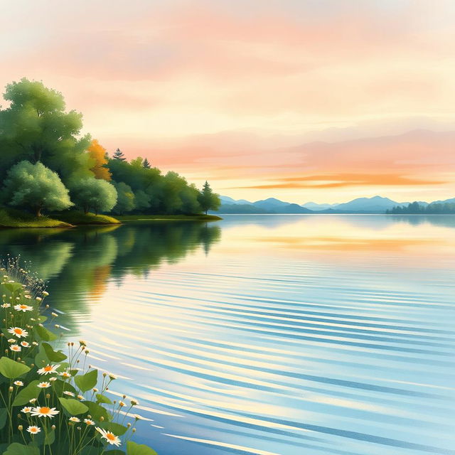 A serene lakeside scene, painted in soft watercolor style for a book cover