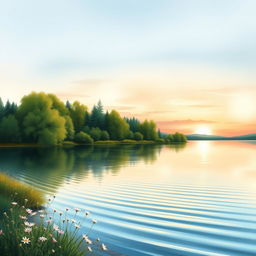 A serene lakeside scene, painted in soft watercolor style for a book cover