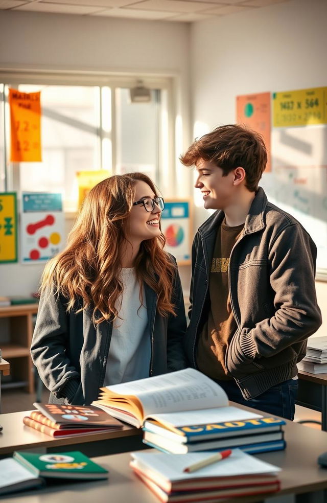 A romantic scene set in a high school where two students are passionately engaged together while preparing for a Math Olympiad