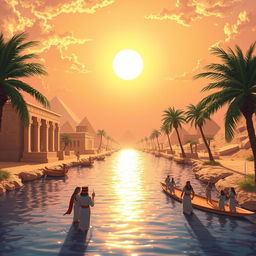 An evocative scene of a journey along the Nile River, capturing the essence of the exploration of Ancient Egyptian religion