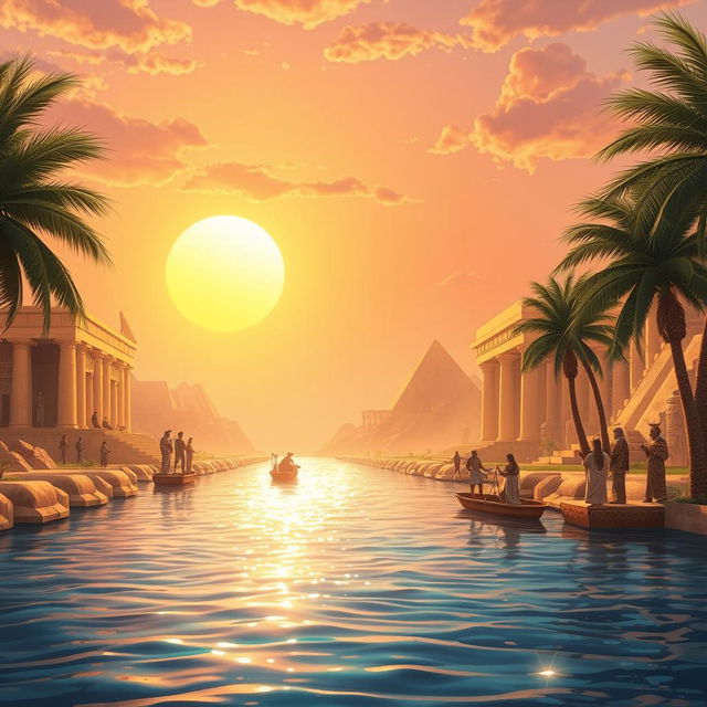 An evocative scene of a journey along the Nile River, capturing the essence of the exploration of Ancient Egyptian religion