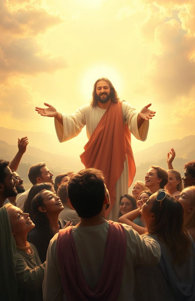 A serene and uplifting scene depicting Jesus, radiating warmth and compassion, reaching out with gentle hands towards a diverse group of people, embracing their emotions