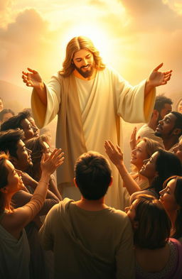 A serene and uplifting scene depicting Jesus, radiating warmth and compassion, reaching out with gentle hands towards a diverse group of people, embracing their emotions