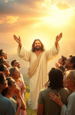 A serene and uplifting scene depicting Jesus, radiating warmth and compassion, reaching out with gentle hands towards a diverse group of people, embracing their emotions