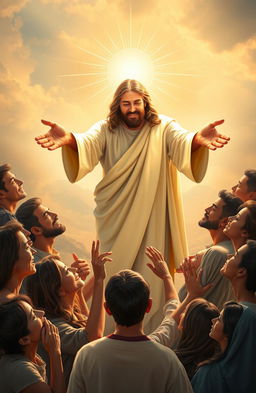 A serene and uplifting scene depicting Jesus, radiating warmth and compassion, reaching out with gentle hands towards a diverse group of people, embracing their emotions