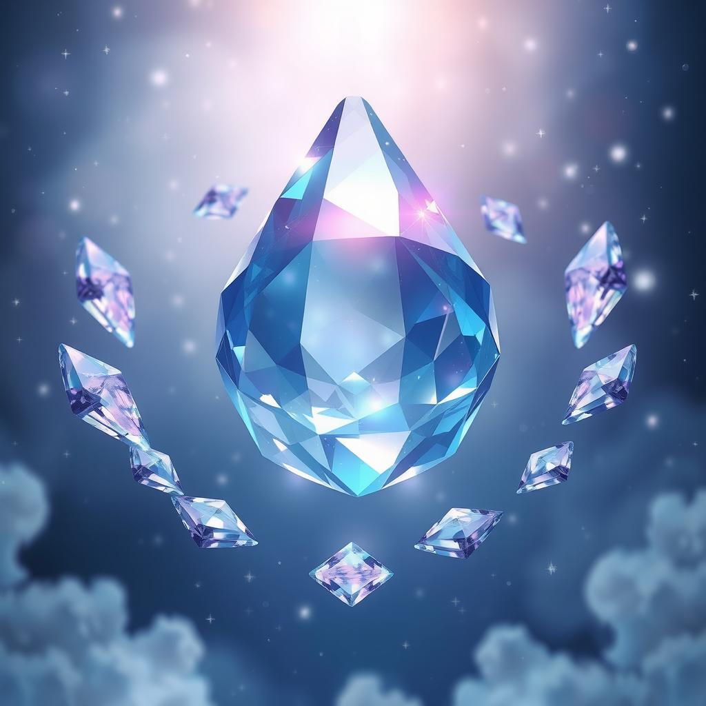 A stunning visual of a large, floating crystal in the center, surrounded by smaller crystals that are rotating gracefully around it