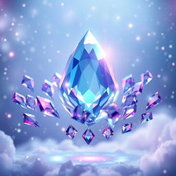A stunning visual of a large, floating crystal in the center, surrounded by smaller crystals that are rotating gracefully around it