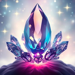 A stunning visual of a large, floating crystal in the center, surrounded by smaller crystals that are rotating gracefully around it