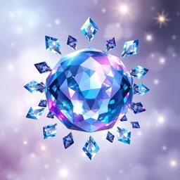 A stunning visual of a large, floating crystal in the center, surrounded by smaller crystals that are rotating gracefully around it