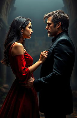 A dramatic, emotional scene depicting a couple in a love-hate relationship