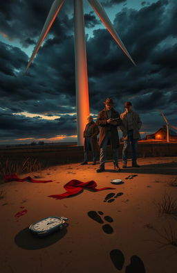 A gripping murder mystery scene set on a sprawling wind farm during twilight