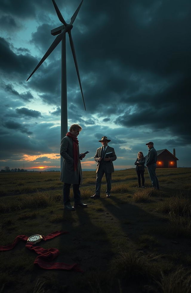 A gripping murder mystery scene set on a sprawling wind farm during twilight