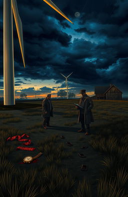 A gripping murder mystery scene set on a sprawling wind farm during twilight