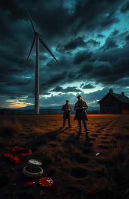 A gripping murder mystery scene set on a sprawling wind farm during twilight