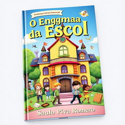 An intriguing and colorful book cover for 'O Enigma da Escola' by Professora Celeste Sonnwend, authored by Saulo Piva Romero, designed for a children's and young adult audience