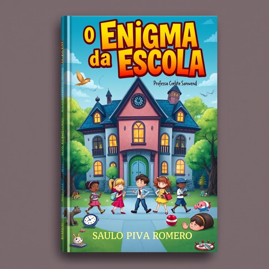 An intriguing and colorful book cover for 'O Enigma da Escola' by Professora Celeste Sonnwend, authored by Saulo Piva Romero, designed for a children's and young adult audience