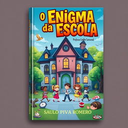 An intriguing and colorful book cover for 'O Enigma da Escola' by Professora Celeste Sonnwend, authored by Saulo Piva Romero, designed for a children's and young adult audience