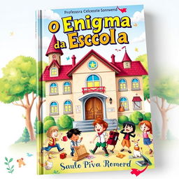An intriguing and colorful book cover for 'O Enigma da Escola' by Professora Celeste Sonnwend, authored by Saulo Piva Romero, designed for a children's and young adult audience