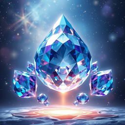 A breathtaking scene featuring a large, central floating crystal that gleams with intricate facets, casting dazzling reflections