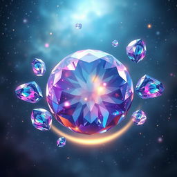 A breathtaking scene featuring a large, central floating crystal that gleams with intricate facets, casting dazzling reflections