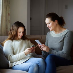 A tender scene of a mother and her daughter engrossed in their mobile devices, communicating via text messages, seated in a cozy domestic setting.