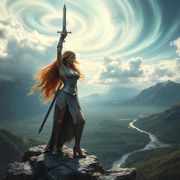 A magnificent Valkyrie warrior standing proudly on a rocky cliff overlooking a dramatic landscape