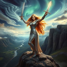 A magnificent Valkyrie warrior standing proudly on a rocky cliff overlooking a dramatic landscape
