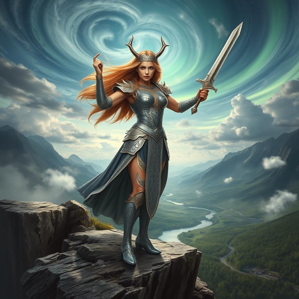 A magnificent Valkyrie warrior standing proudly on a rocky cliff overlooking a dramatic landscape