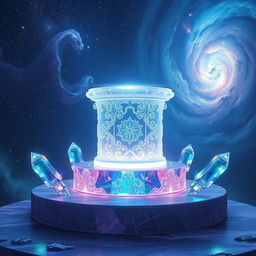 An enchanting scene depicting a large, floating plinth made of translucent crystal, showcasing intricate carvings and a luminous glow