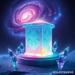 An enchanting scene depicting a large, floating plinth made of translucent crystal, showcasing intricate carvings and a luminous glow