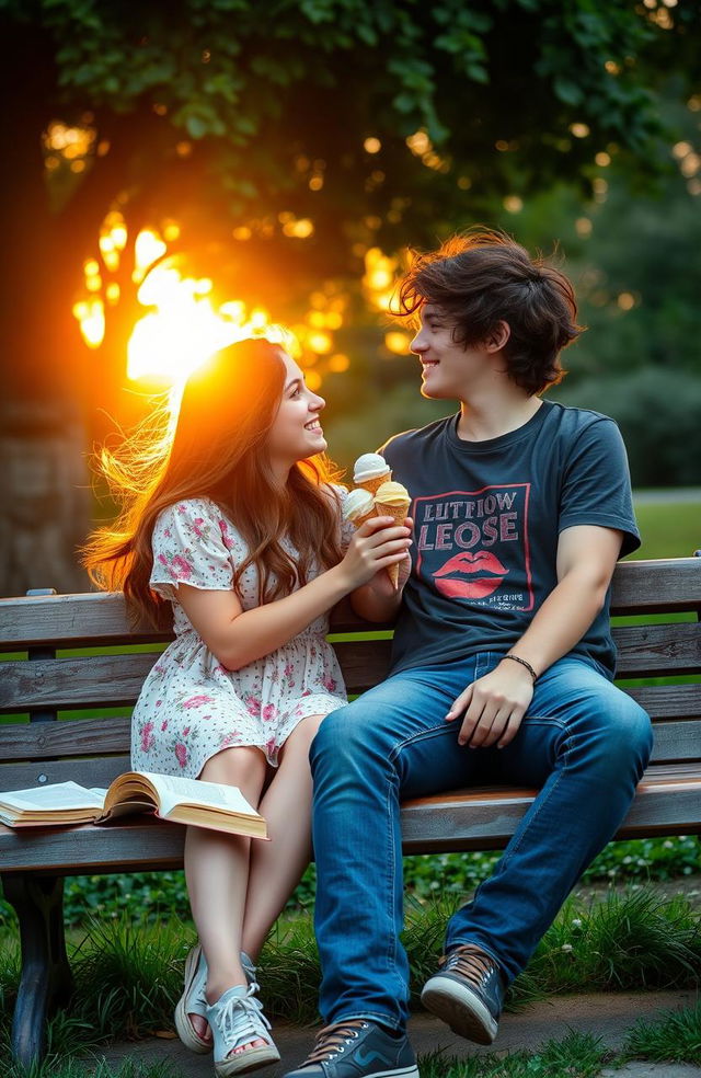 A sweet high school romance scene between two teenagers sitting on a park bench