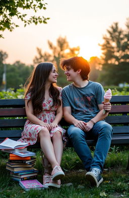 A sweet high school romance scene between two teenagers sitting on a park bench
